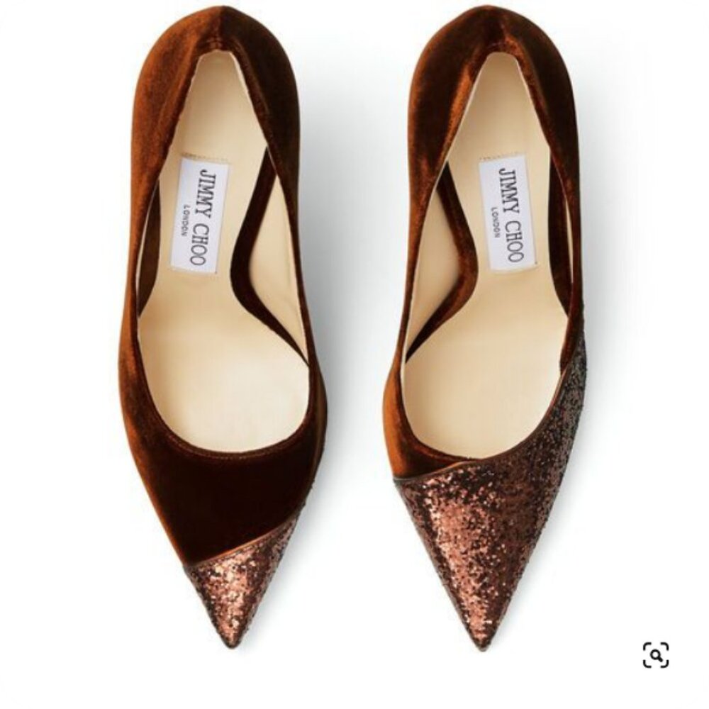 Jimmy Choo Love 100 Asymmetrical shoes in Rust glitter Size 37